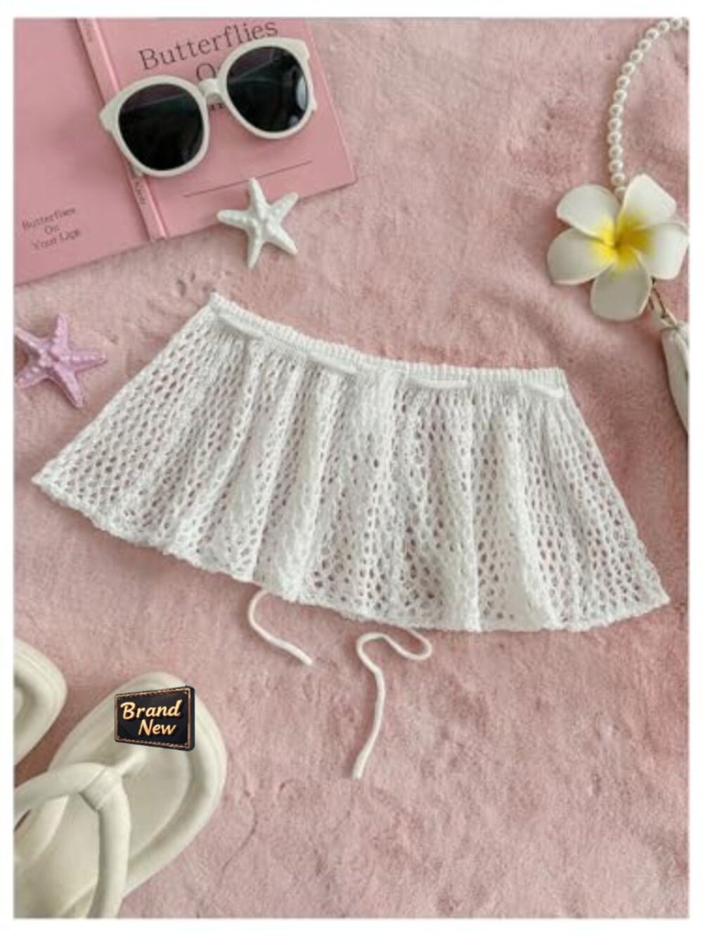 Crochet Mini Skirt Cover Up Tie Front Hollow Out Knit Beach Coverup - Picture 2 of 5